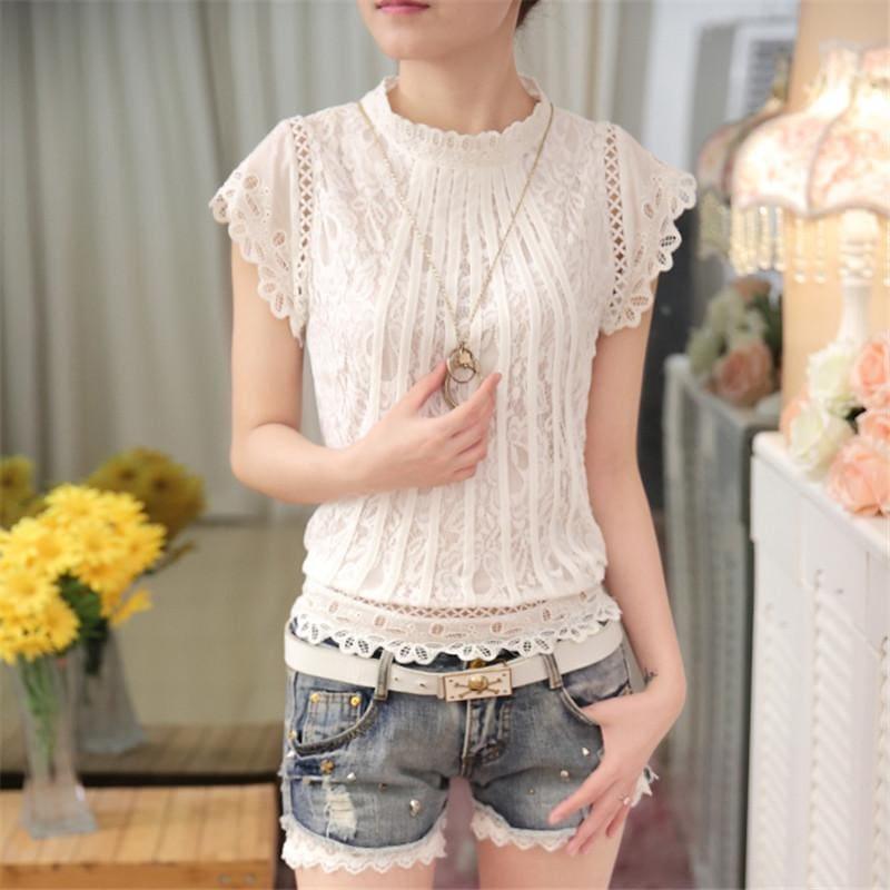 White Mesh Petal Lace Chiffon O-Neck Sleeveless Top - White / L - Sleeveless