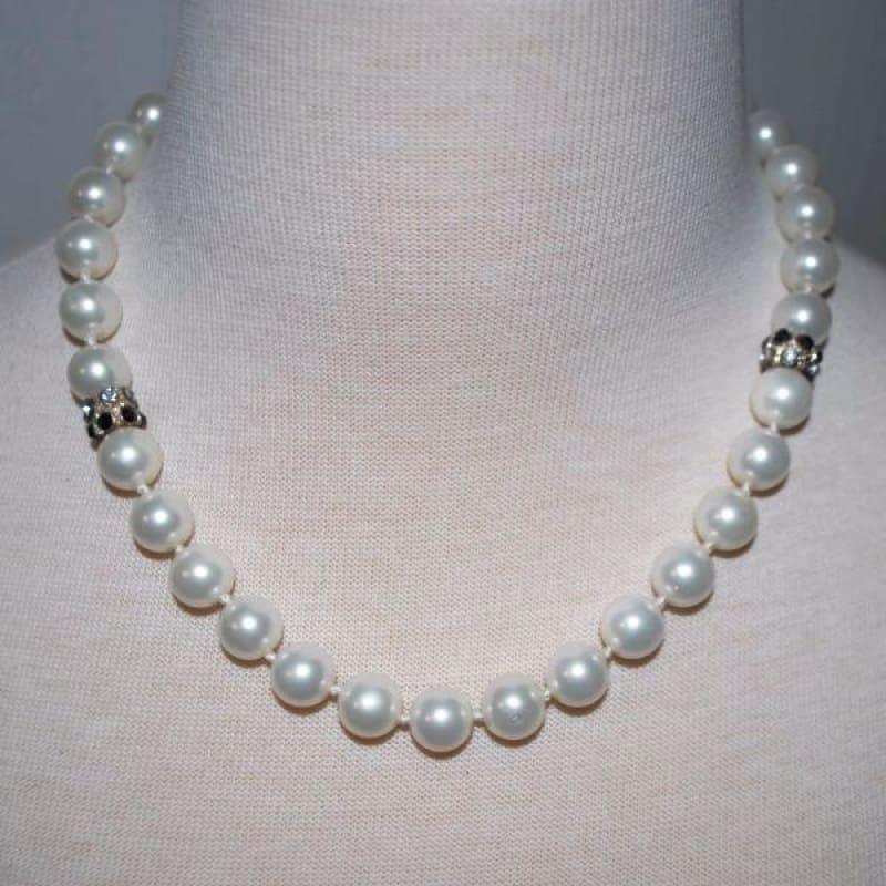 White Pearls With Black Rhinestone Womens Necklace - Handmade