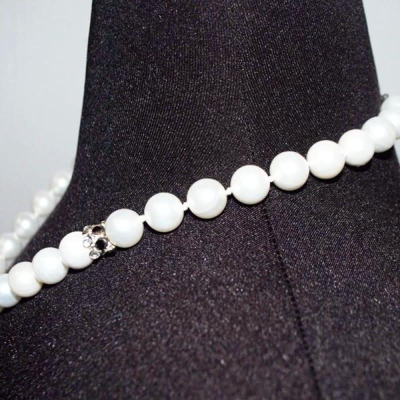 White Pearls With Black Rhinestone Womens Necklace - Handmade