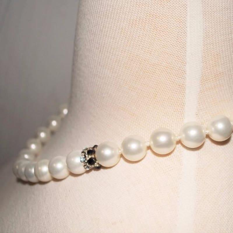 White Pearls With Black Rhinestone Womens Necklace - Handmade