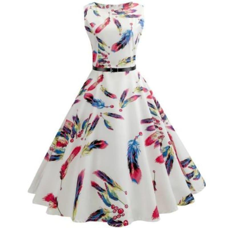White Print Plaid Elegant Vintage Pinup Audrey Hepburn Style Midi Dress - B / L - Midi Dress