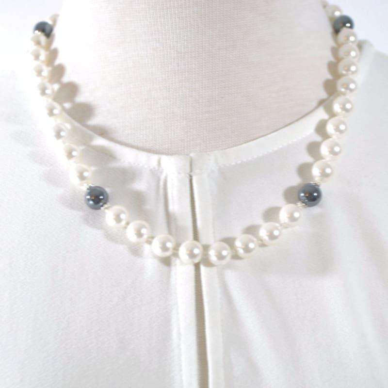 White Shell Bead With Hematite Stone Ascent Necklace. - Handmade