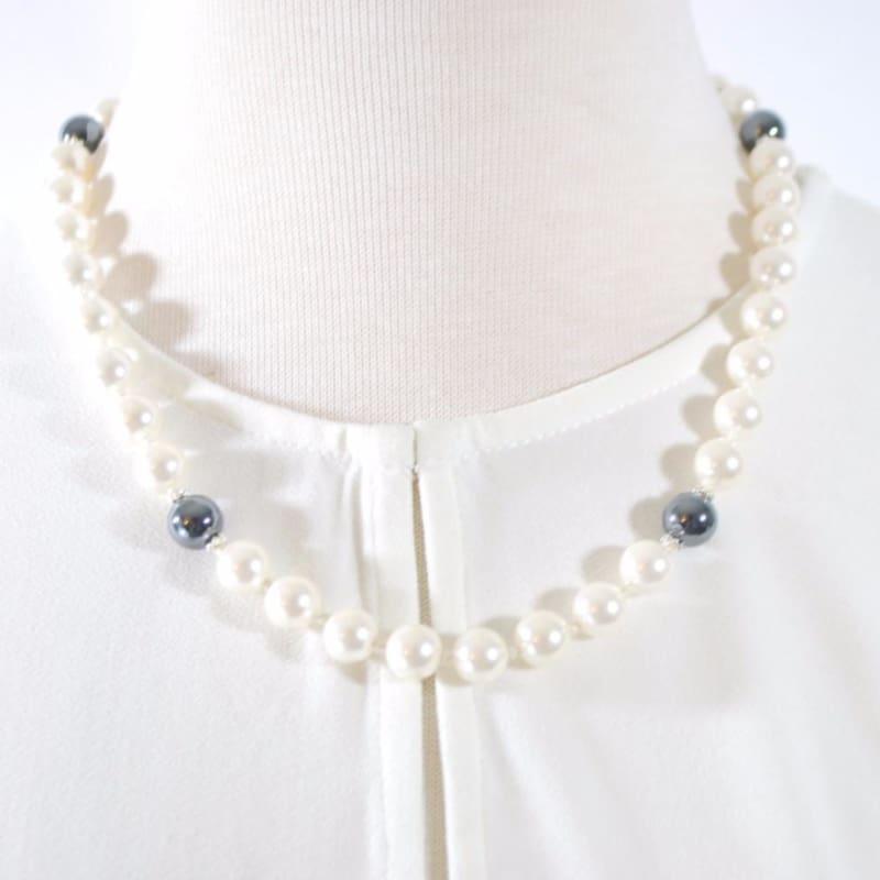 White Shell Bead With Hematite Stone Ascent Necklace. - Handmade