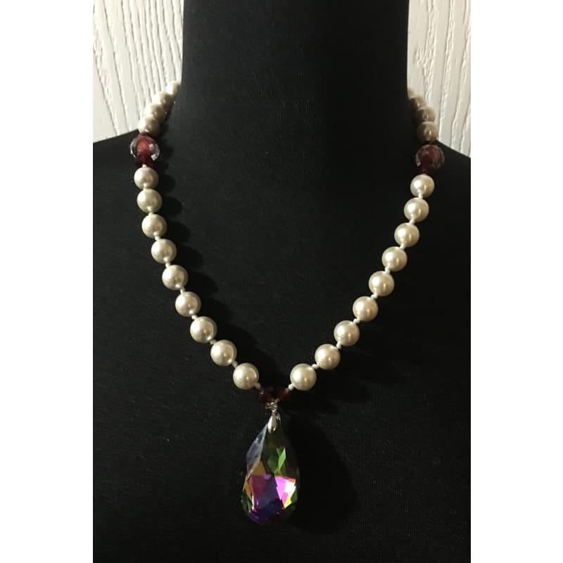 White Shell Pearls With Almond Pendant Necklace. - Handmade