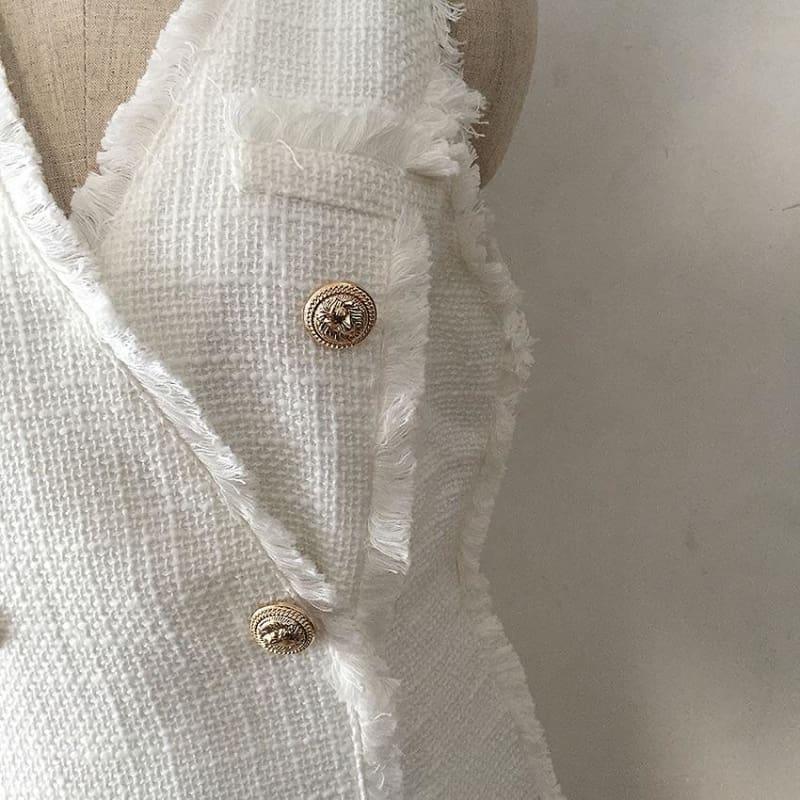 White Sleeveless Lion Buttons Fringe Tassel Tweed Tank Dress - Mini Dress