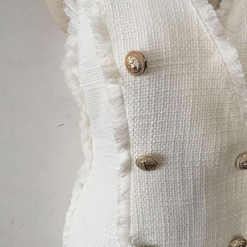 White Sleeveless Lion Buttons Fringe Tassel Tweed Tank Dress - Mini Dress