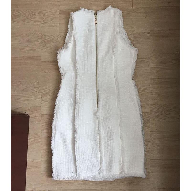 White Sleeveless Lion Buttons Fringe Tassel Tweed Tank Dress - Mini Dress