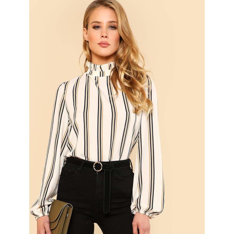White Striped Stand Collar Elegant Office Ladies Workwear Blouse - Long Sleeve