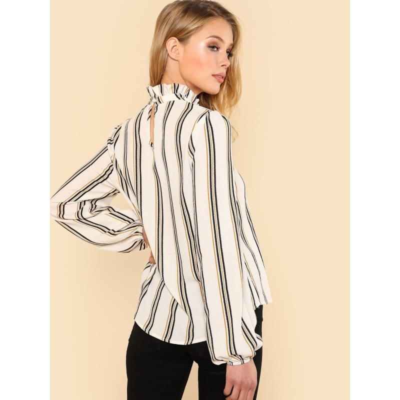 White Striped Stand Collar Elegant Office Ladies Workwear Blouse - Long Sleeve