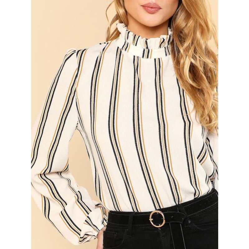 White Striped Stand Collar Elegant Office Ladies Workwear Blouse - Long Sleeve