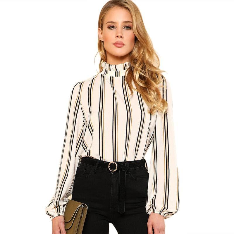 White Striped Stand Collar Elegant Office Ladies Workwear Blouse - Long Sleeve