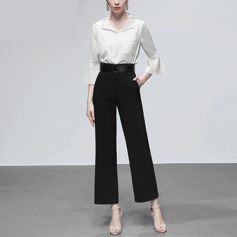 White Three Quarter Flare Sleeve Single-breasted Pockets Blouse And High Waist Loose Pants - Black / S - Sets