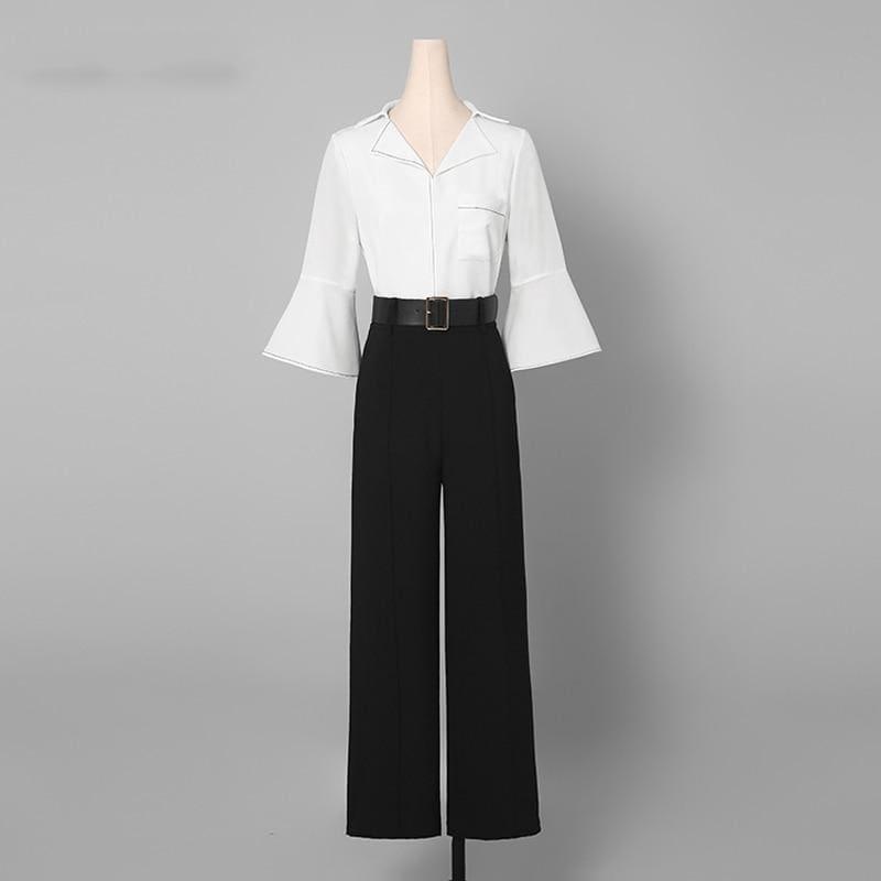 White Three Quarter Flare Sleeve Single-breasted Pockets Blouse And High Waist Loose Pants - Sets