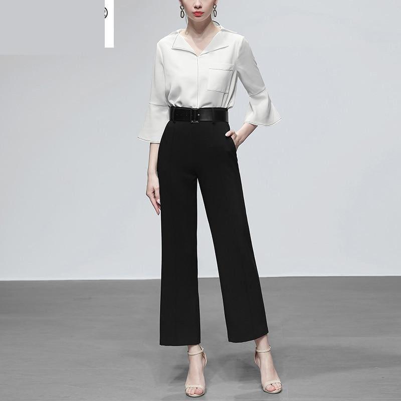 White Three Quarter Flare Sleeve Single-breasted Pockets Blouse And High Waist Loose Pants - Sets