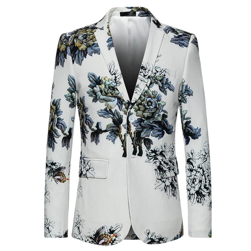 White Winter Flower Pattern Floral Suit Jacket High Quality Blazer Jackets - Mens jackets