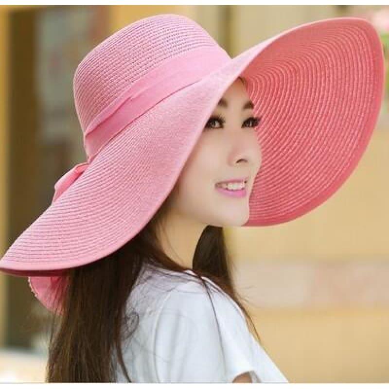 Wide Along Bow Visor Sun Beach Straw Hat - Pink - Hats