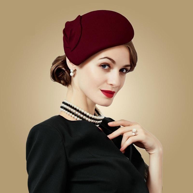 Wine Red Wool Felt Vintage Cocktail Fashion Pillbox Hat - hats