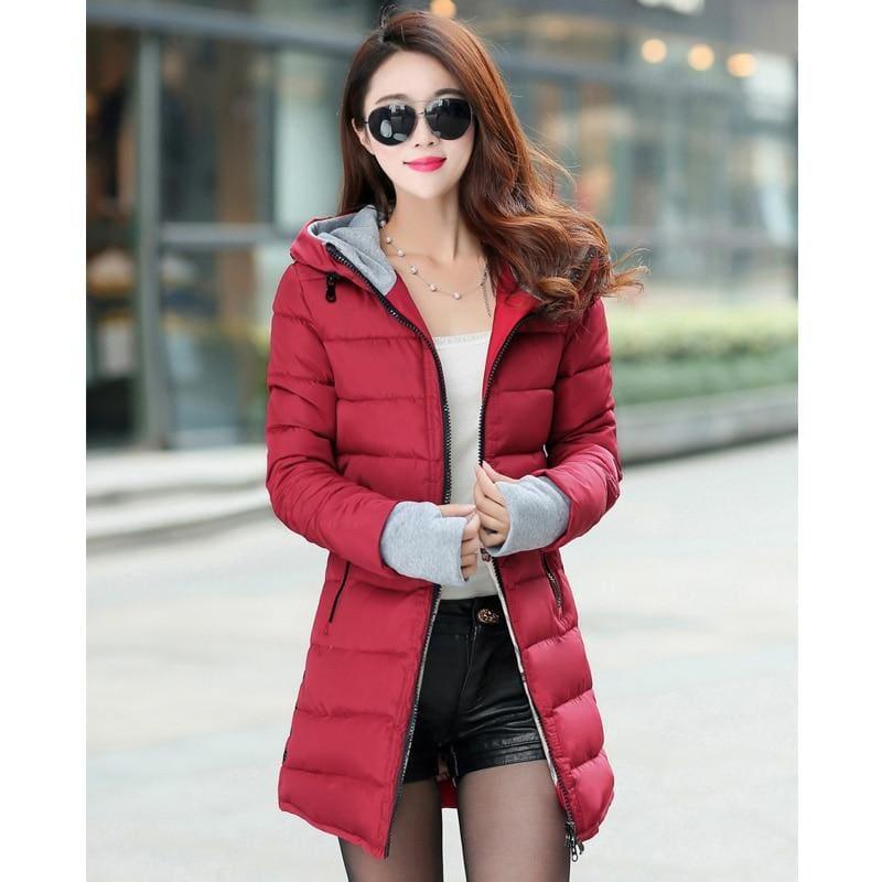Winter Hooded Warm Candy Color Cotton Paddedcoat - Wine Red / L - Coats