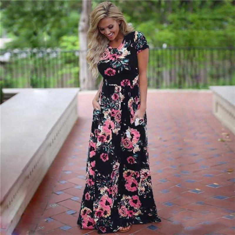 Women Floral Print Long Maxi Dress - Black / S - Maxi Dress