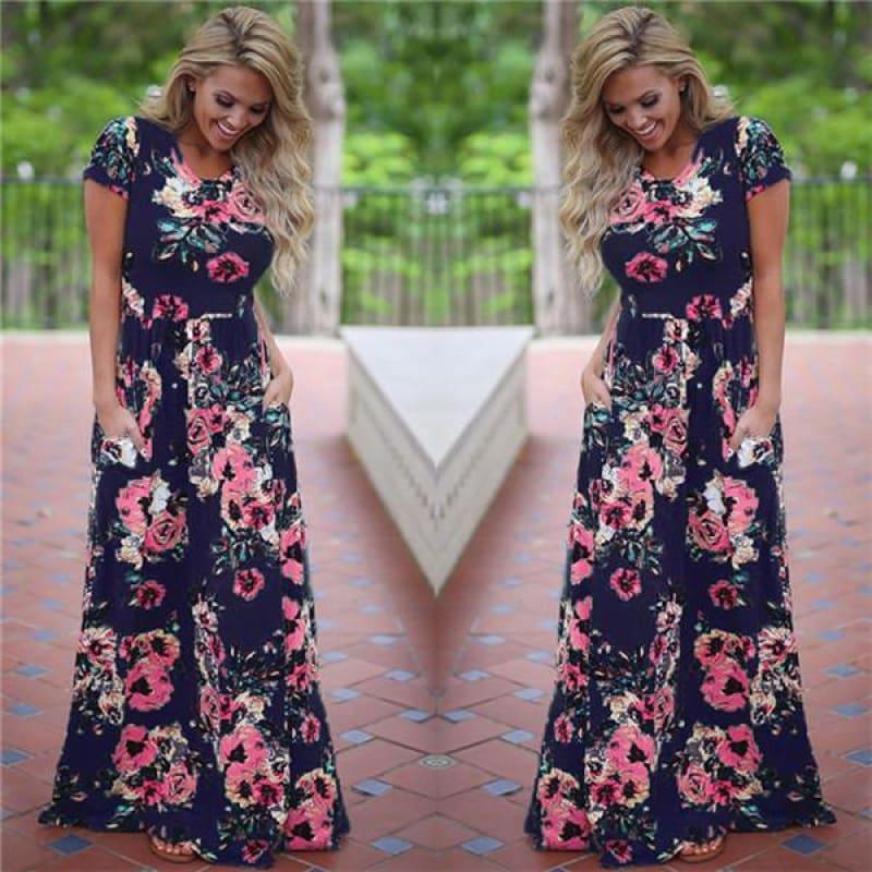 Women Floral Print Long Maxi Dress - Deep Blue / S - Maxi Dress