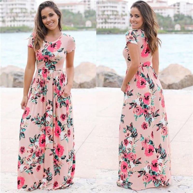 Women Floral Print Long Maxi Dress - Pink / S - Maxi Dress