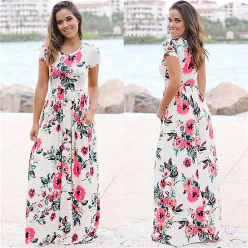 Women Floral Print Long Maxi Dress - White / S - Maxi Dress