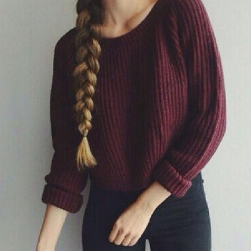 Women Sweater And Pullovers Long Sleeve Crop Sweater Top - Wine Red / L - Sweater