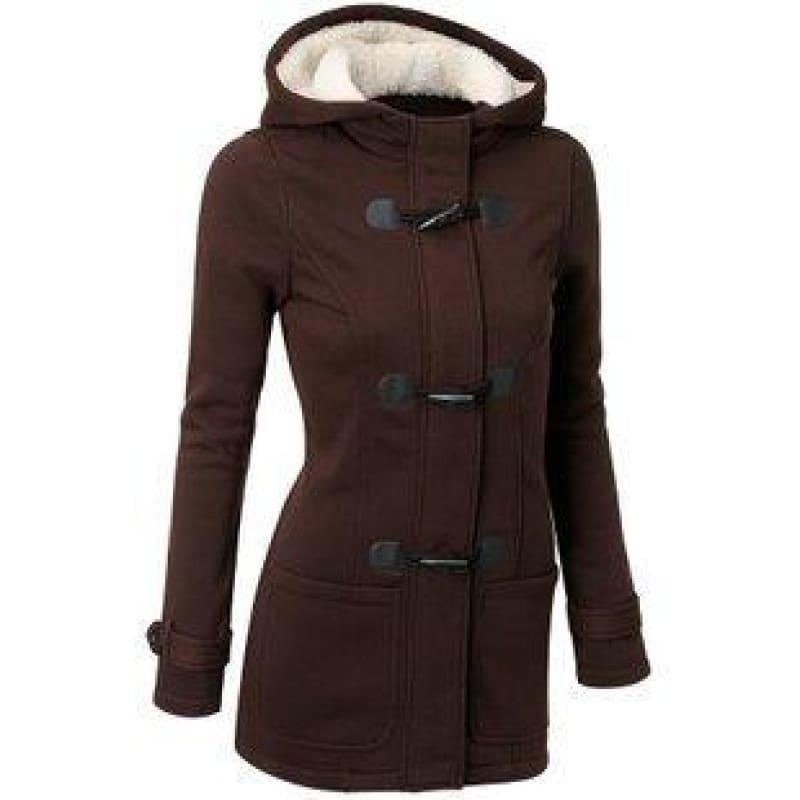 Womens Overcoat Hooded Coat Zipper Horn Button Coat - Wine Red / L - Coats