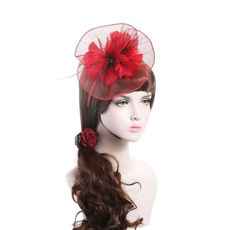 Wool Felt Top Hat Party Mesh Hat Ribbons And Feathers Fascinators Hats - Red - Hats