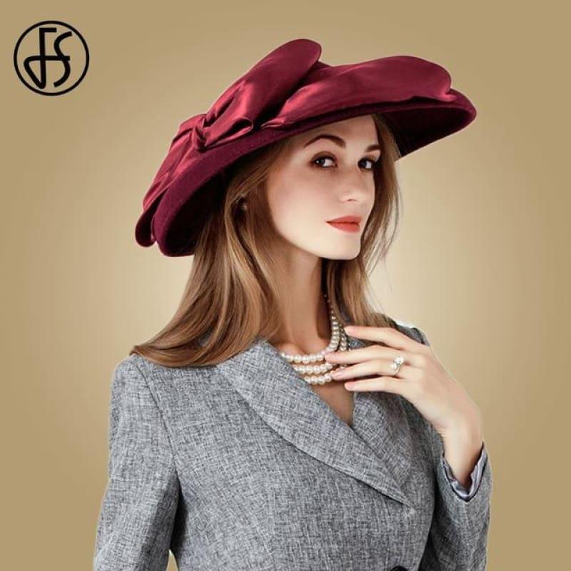 Wool Felt Women Fedoras Large Wide Brim Bowler Hats - Wine Red Wool Fedora - Hats