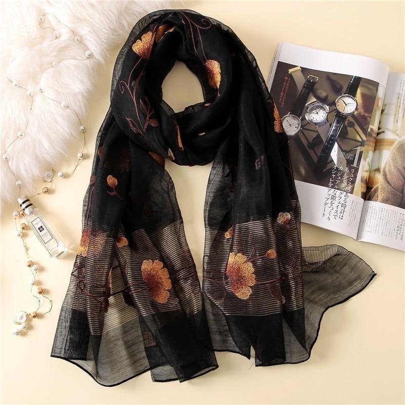 Wool Silk Floral Embroidery Scarf - Black - Scarf