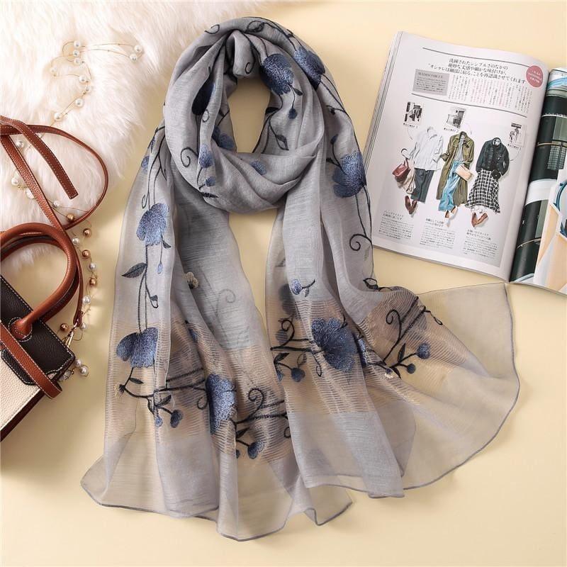 Wool Silk Floral Embroidery Scarf - Gray - Scarf