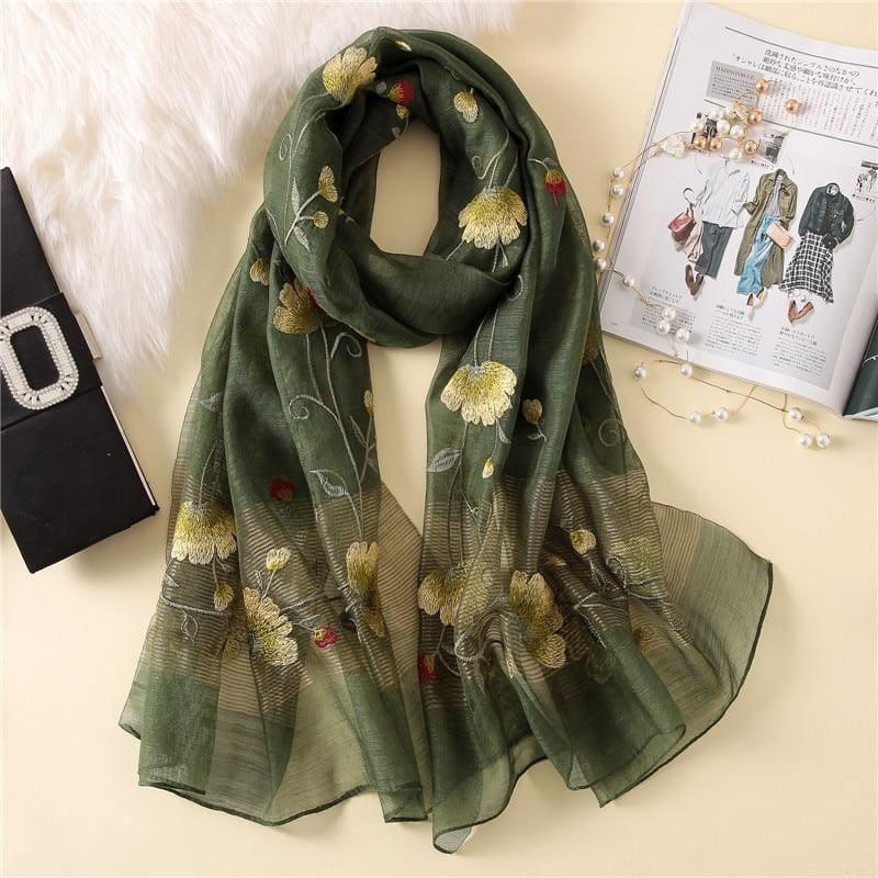Wool Silk Floral Embroidery Scarf - Green - Scarf