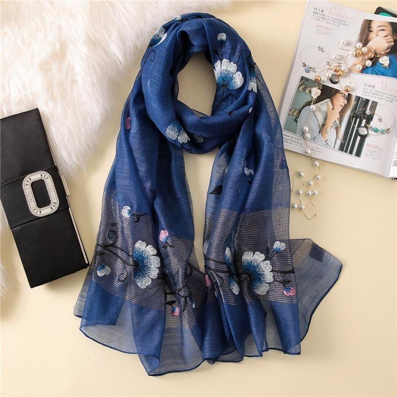 Wool Silk Floral Embroidery Scarf - Navy - Scarf