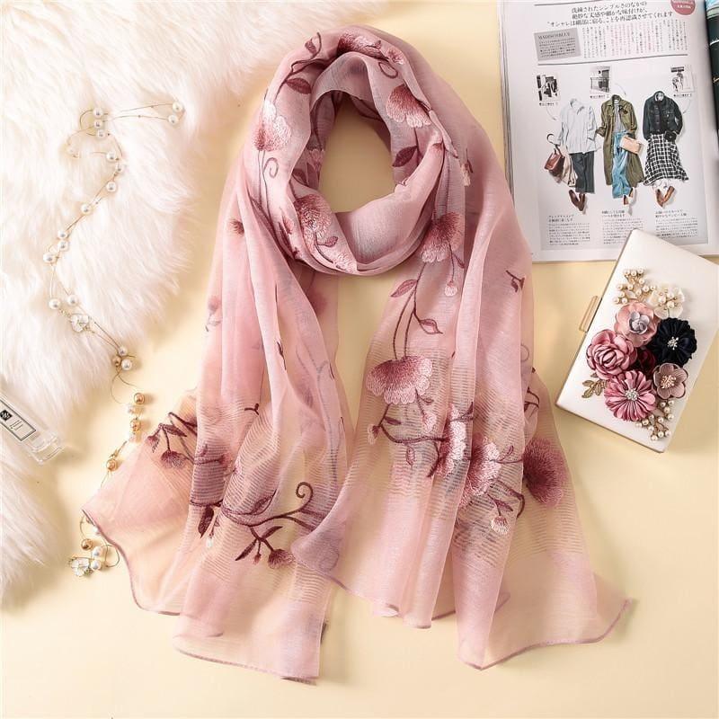 Wool Silk Floral Embroidery Scarf - Pink - Scarf