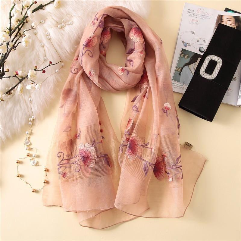 Wool Silk Floral Embroidery Scarf - Scarf