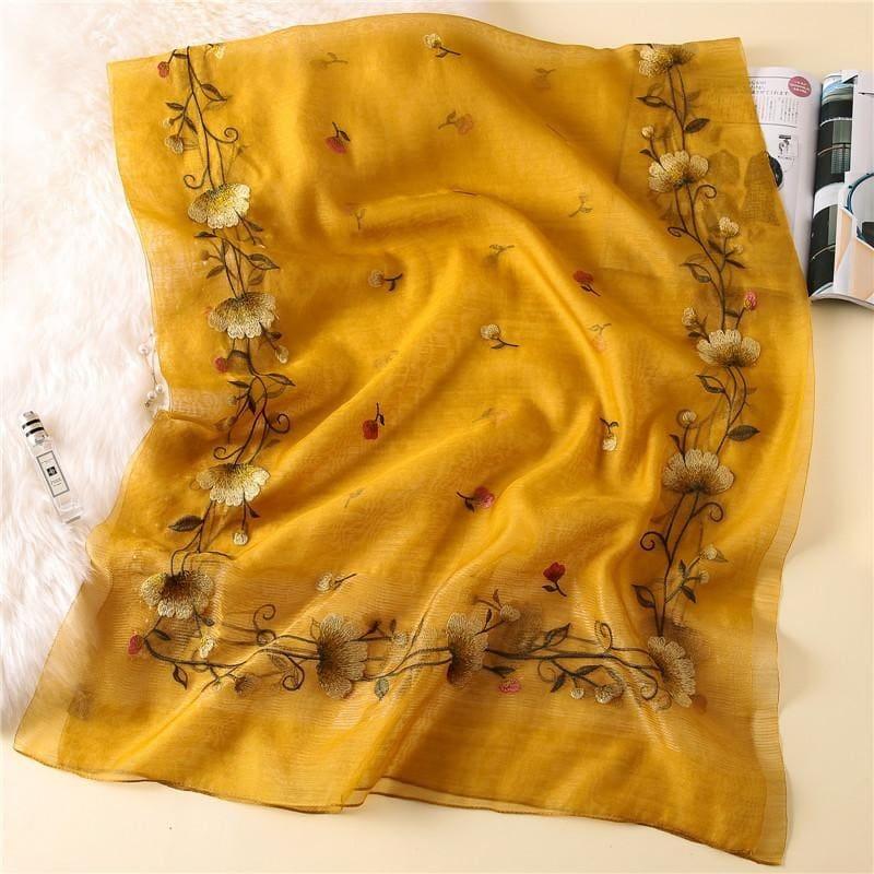 Wool Silk Floral Embroidery Scarf - Scarf