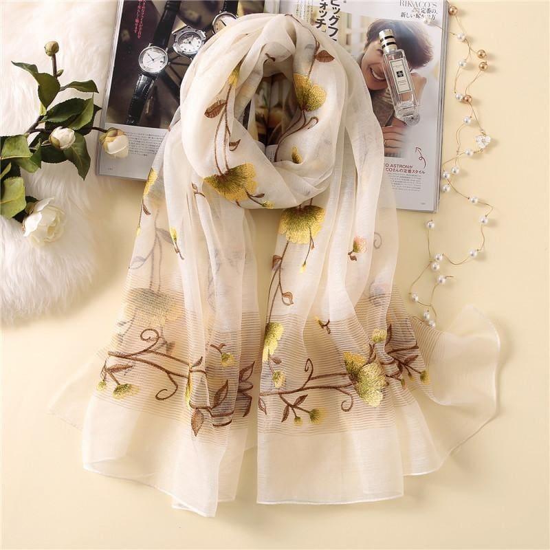 Wool Silk Floral Embroidery Scarf - White - Scarf