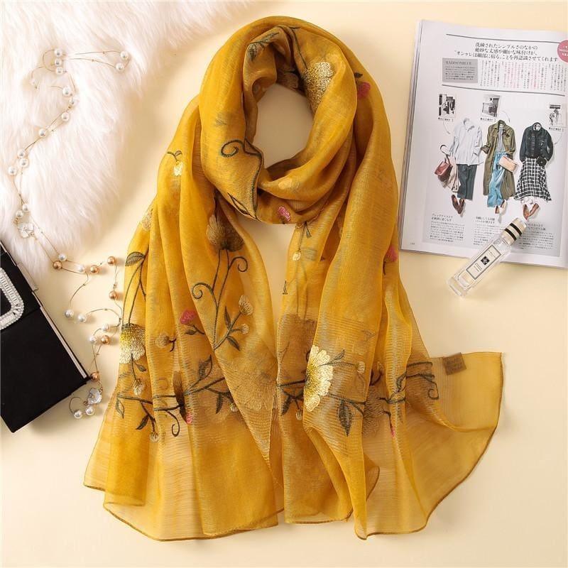 Wool Silk Floral Embroidery Scarf - Yellow - Scarf