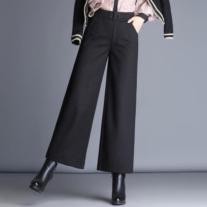 Woolen Nine Points Wide Leg Wild Thick Elastic High Waist Pants - Black / M - Pants