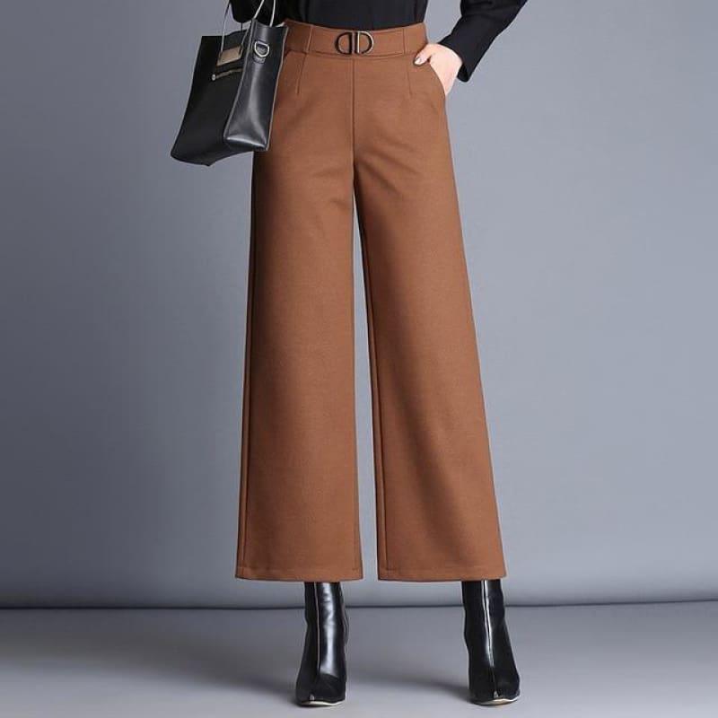 Woolen Nine Points Wide Leg Wild Thick Elastic High Waist Pants - Brown / M - Pants