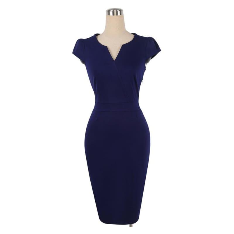 Work Wear Elegant V Neck Slim Tunic Sheath Pencil Dress - Mid Length