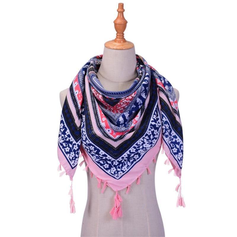 Wraps Cotton Print Tassels Scarf - Pink Navy - Scarf