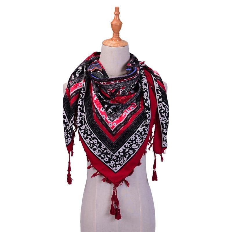 Wraps Cotton Print Tassels Scarf - Wine Red - Scarf