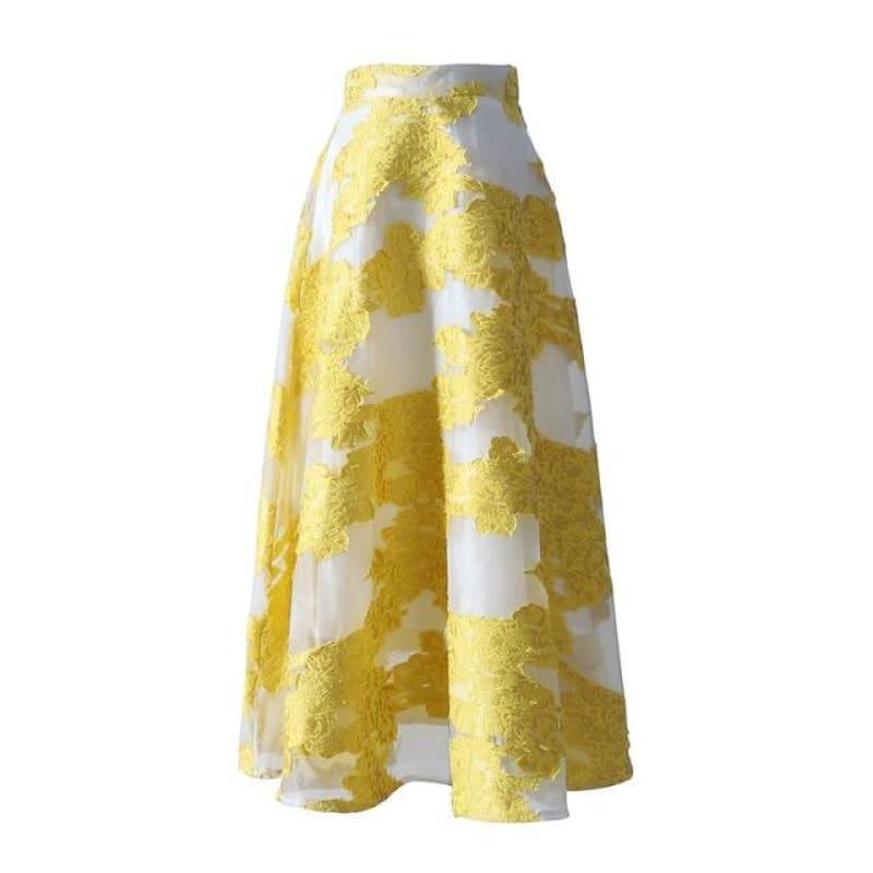 Yellow Embroidery Skirt High Waist Zipper Long Skirts - yellow / L - Skirts
