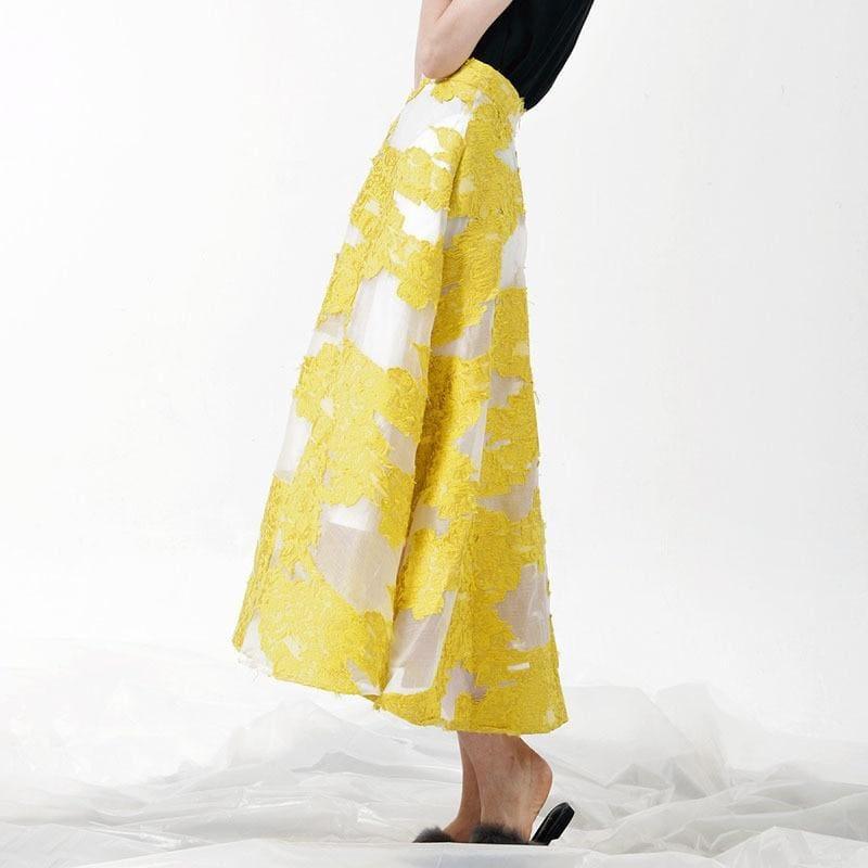 Yellow Embroidery Skirt High Waist Zipper Long Skirts - Skirts