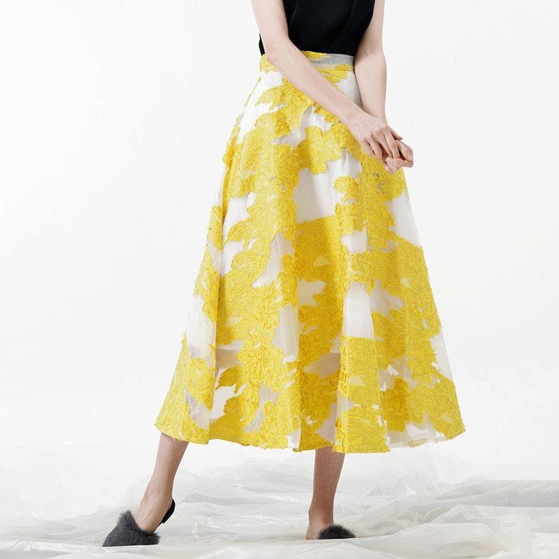 Yellow Embroidery Skirt High Waist Zipper Long Skirts - Skirts