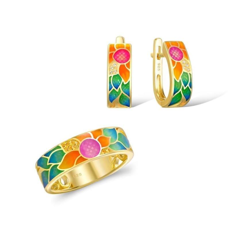 Yellow Enamel Flower Ring Earrings Set 925 Sterling Silver Charming Fashion Jewelry Set - jewelry set
