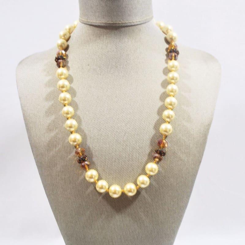 Yellow Shell Pearls with Copper Rhinestone Accent Necklace - Handmade