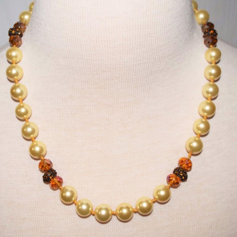 Yellow Shell Pearls with Copper Rhinestone Accent Necklace - Handmade